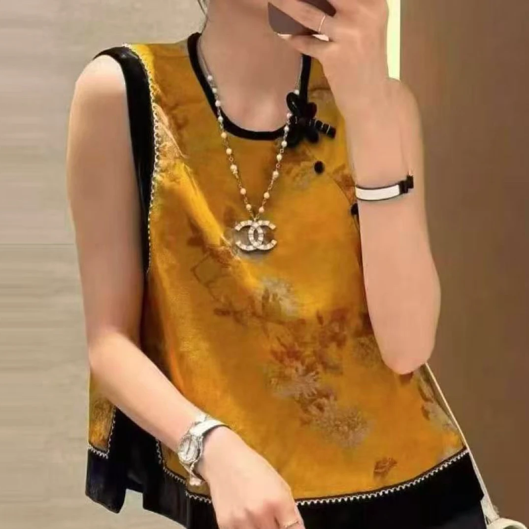 印花花四季通用秋季百搭ins拼接时尚女马夹一粒扣