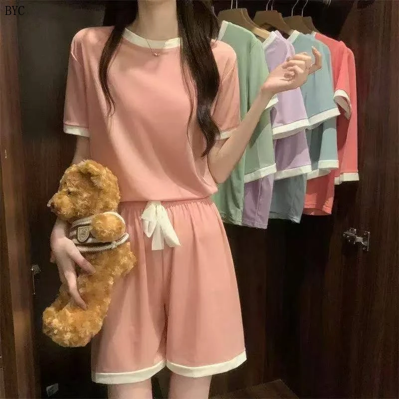 撞色冰淇淋糖果套装女夏日休闲冰丝家居服居家舒适宽松睡衣短袖