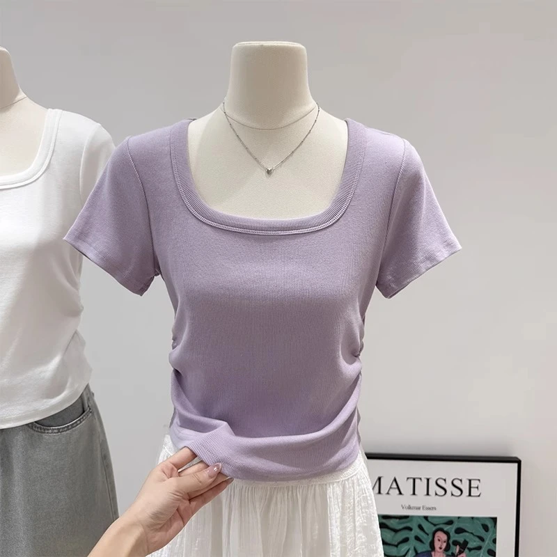 2025年夏季正肩U领褶皱短袖T恤韩系小众设计感纯欲修身显瘦上衣女