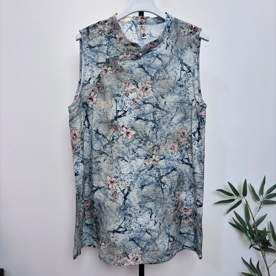 【水墨画--奥黛】夏季新款无袖上衣锦棉中长款印花中国风A版