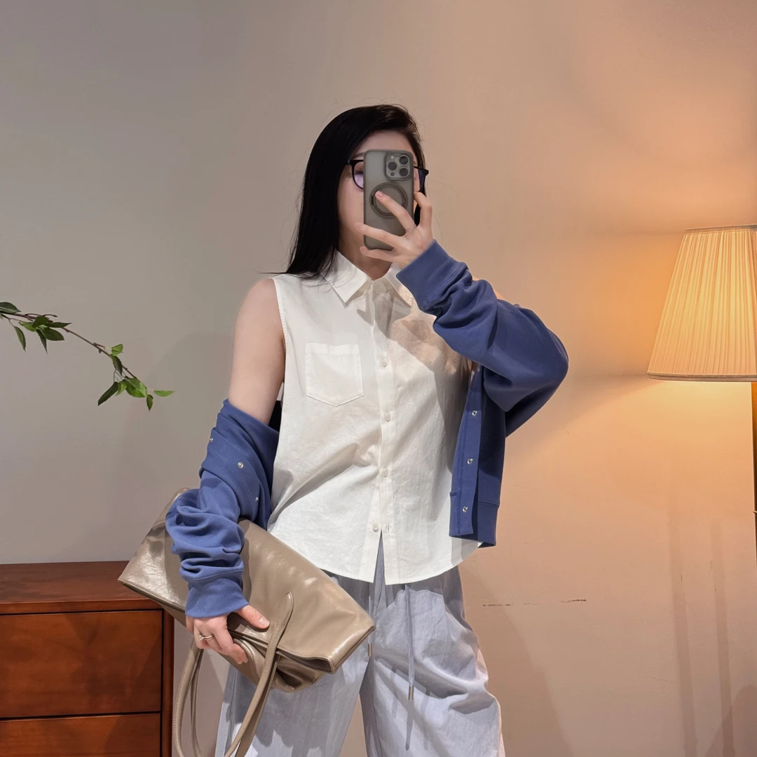 时尚洋气休闲百搭简约设计感纯色无袖口袋翻领衬衫-X24301334