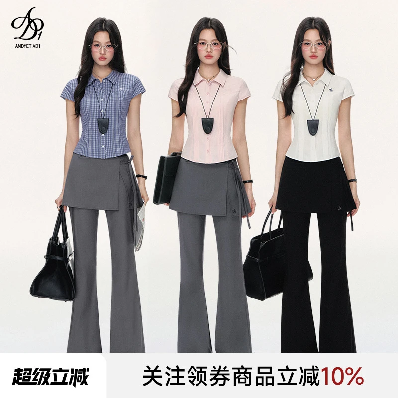 ANDYET AD1短袖T恤衬衣小飞袖风琴褶收腰通勤学院风修身220096