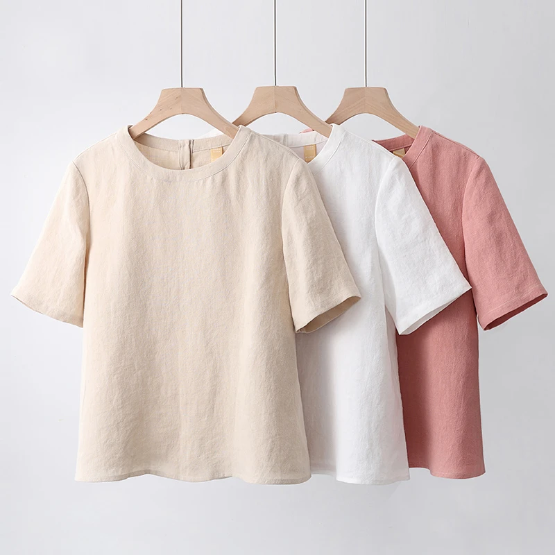 汉麻短袖女2025夏季新款上衣女休闲文艺圆领衬衫大码显瘦T恤女装