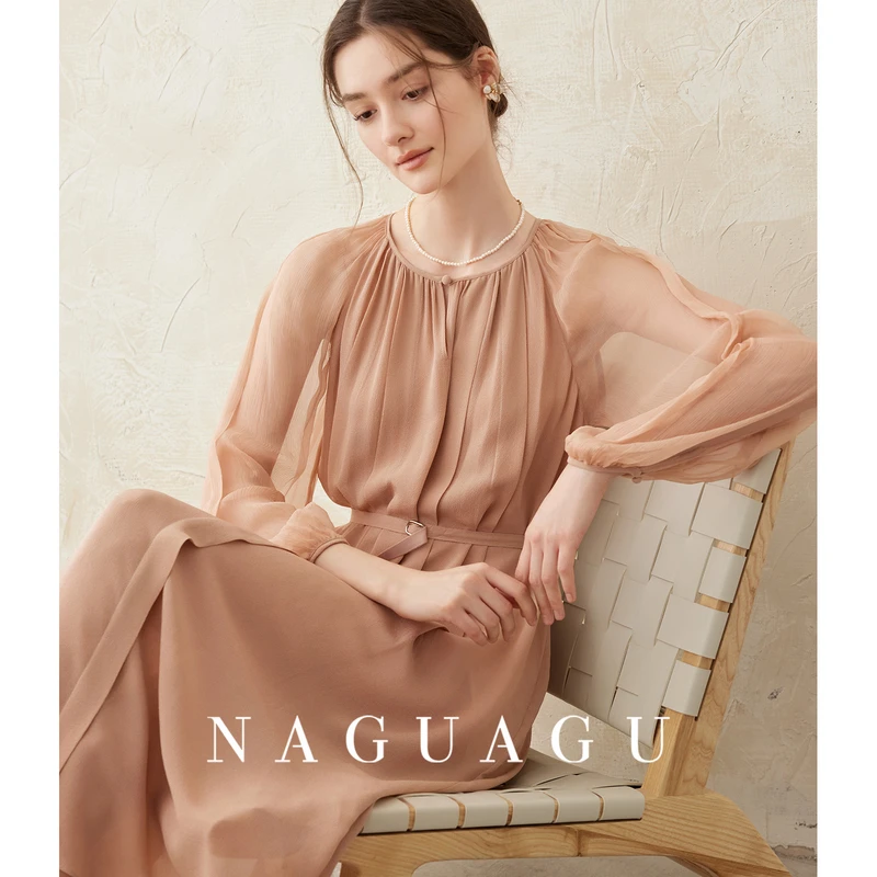 【蔷薇漫语】甄选100桑蚕丝鬼绉+乔其顺宇面料 优雅圆领H型连衣裙