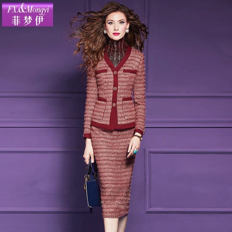 菲梦伊新款绵羊毛套装气质V领小香风外套收腰显瘦半裙两件套61653