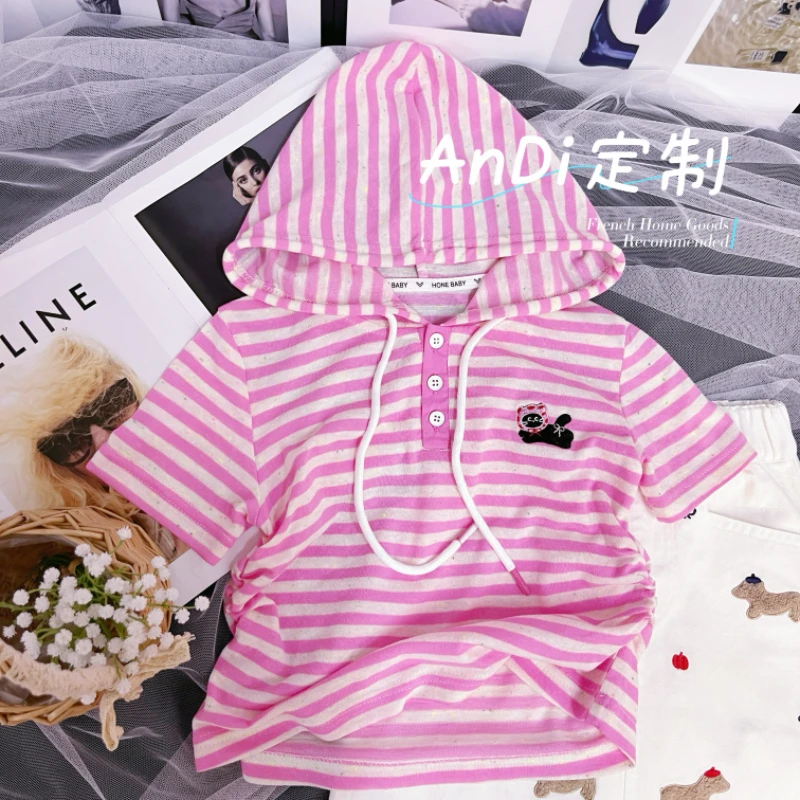 〖ANDI〗安迪订制女童中大童夏季时尚条纹连帽短袖4125
