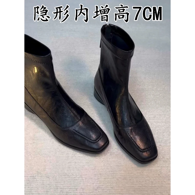 羊皮版~高级感气质弹力瘦瘦靴裸靴子女复古风真皮方头通勤马丁靴