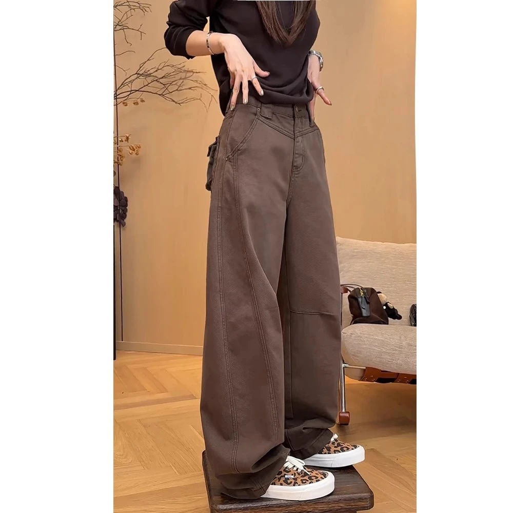 2025秋季工装牛仔裤窄版阔腿裤女宽松大码微胖裤子裤子胖mm显瘦款