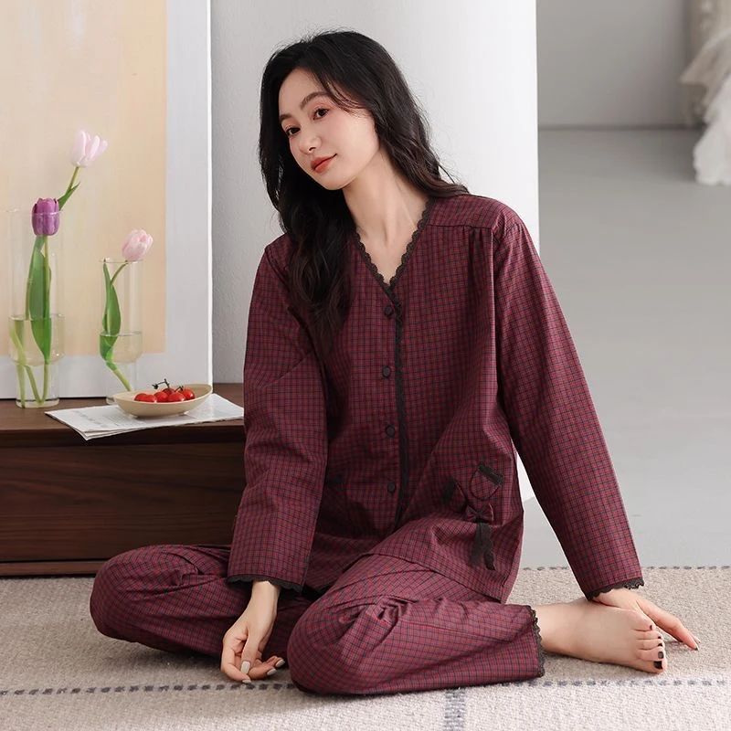 梭织纯棉格子睡衣女春秋款带胸垫长袖秋冬薄款全棉大码家居服套装