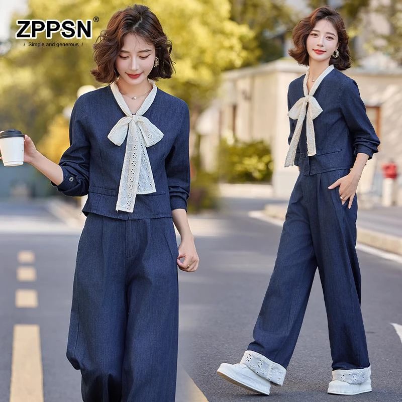 ZPPSN气质.小香风蕾丝拼接牛仔套装女2025秋季新款设计感休闲时尚