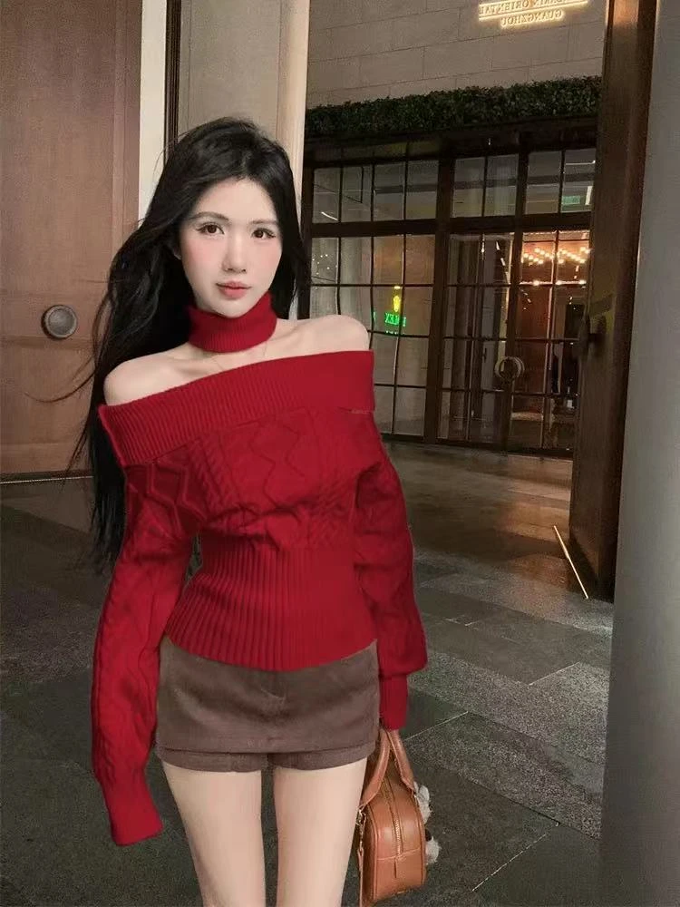 慵懒松弛感麻花针织衫女秋冬一字肩挂脖上衣打底衫内搭圣诞节毛衣