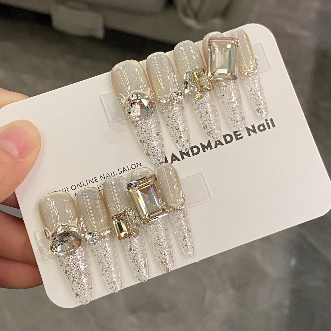 冰透乳白亮片猫眼渐变小碎钻长方钻白茶香槟指甲贴片