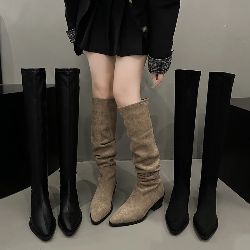 西部牛仔靴子女2025年新款秋冬季长筒堆堆靴百搭尖头显瘦骑士靴女