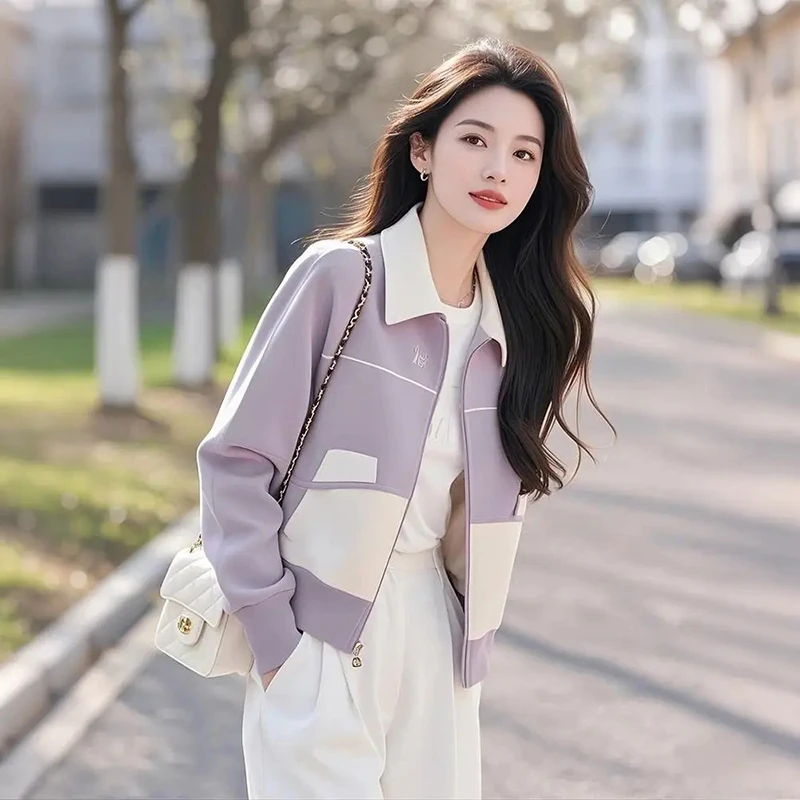 小香风洋气紫色短外套女春秋2025新款韩版时尚百搭开衫拉链卫衣