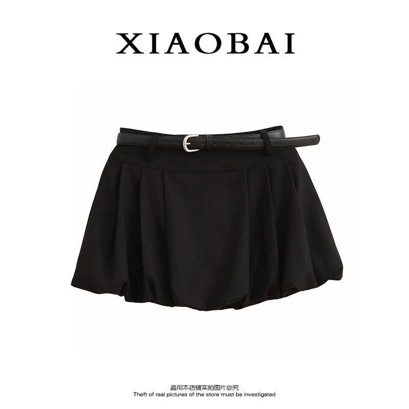 XIAOBAI 黑色高腰A字裙时尚半身裙设计感腰带裙显瘦气质韩版短裙