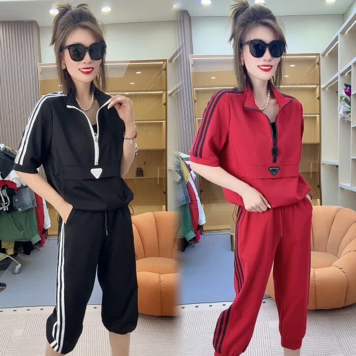 气质拉链套头短袖束脚裤两件套