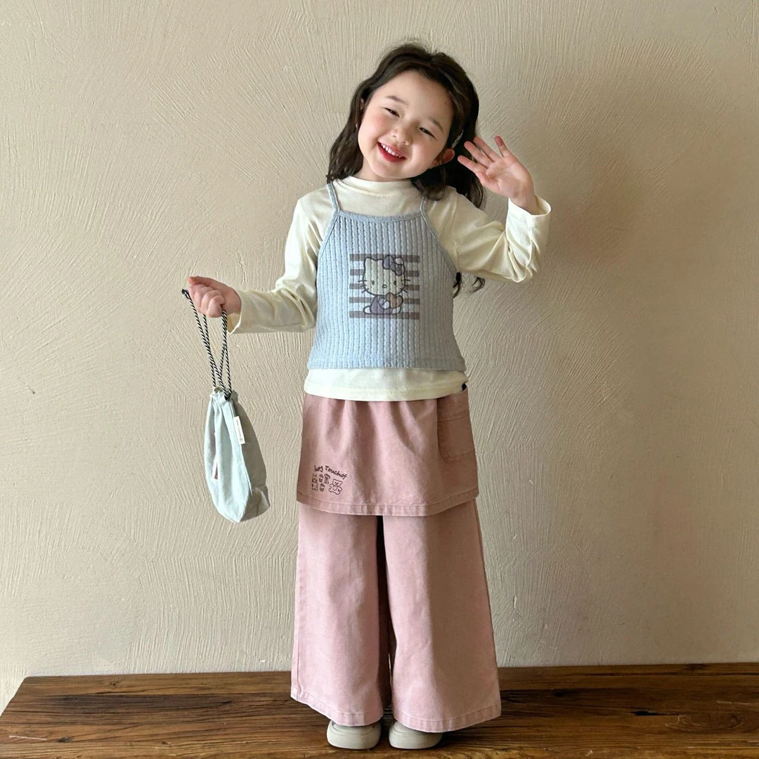 2025春季新款童装 韩版童装 女童猫咪吊带+长袖T恤 时尚T恤2件套