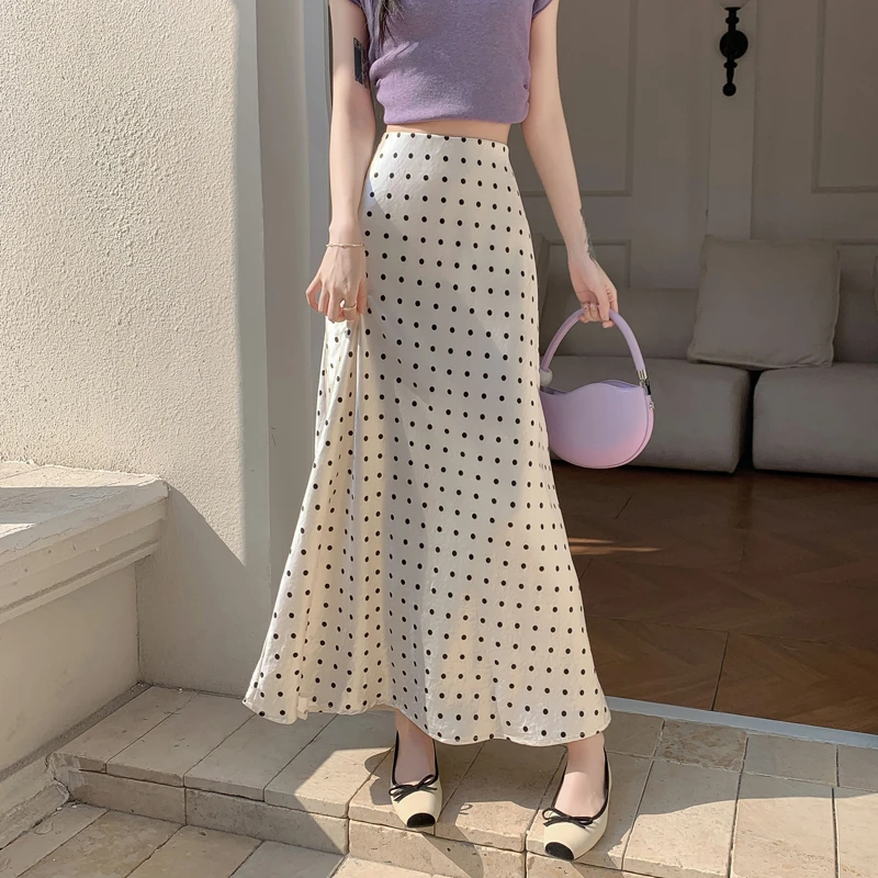 气质复古优雅波点醋酸半身裙女夏季遮胯高腰垂感缎面a字包臀长裙