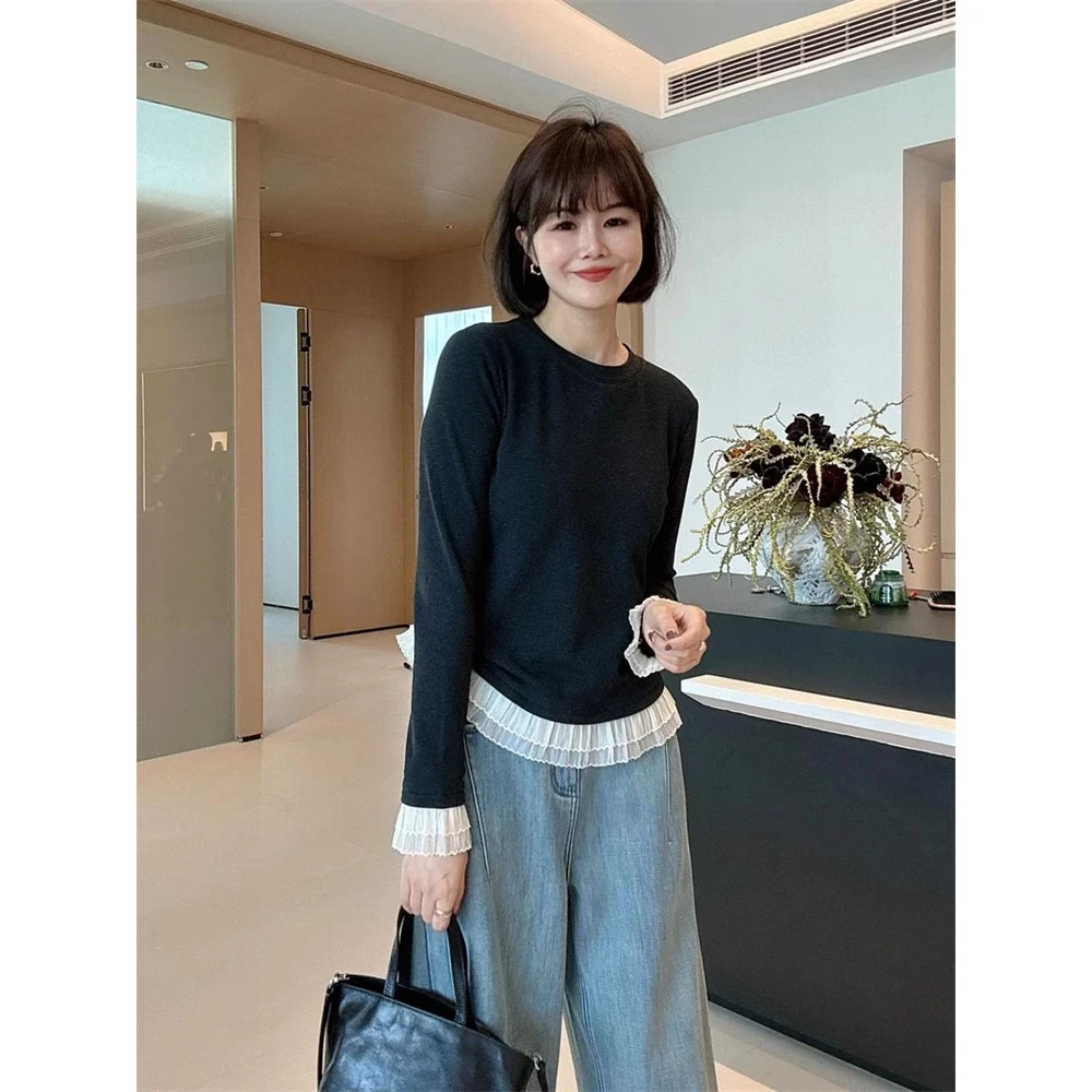 春季2025新款单穿内搭都绝美拼接蕾丝花边打底衫长袖T恤黑色上衣