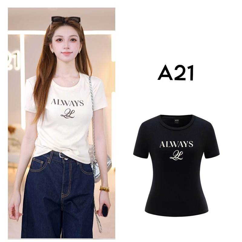A21 女装修身圆领短款T恤夏季新款针织T恤印花休闲上衣F453231007