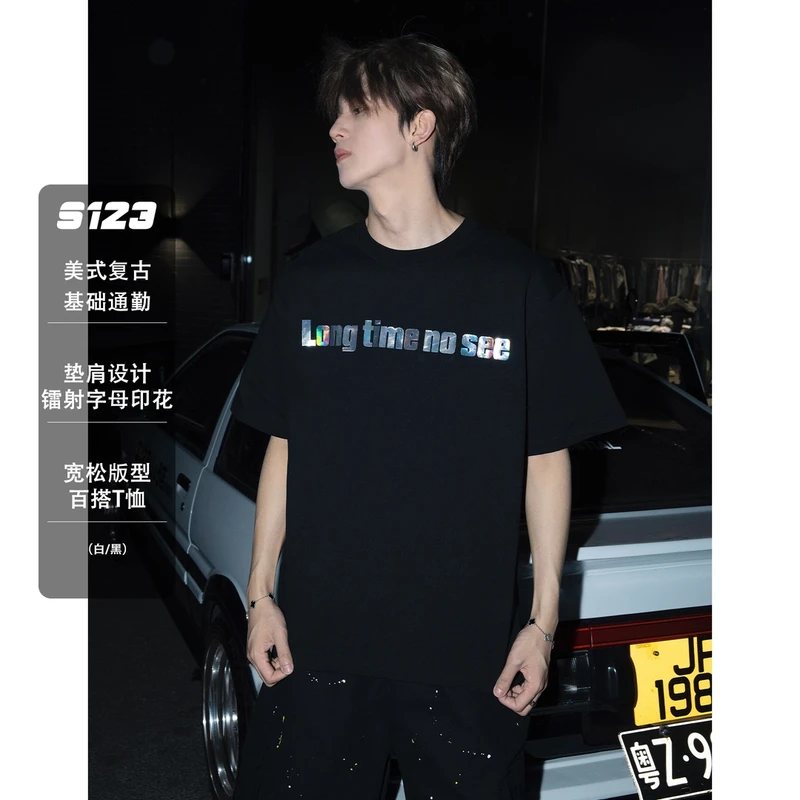 S123【好久不见】镭射反光美式潮牌垫肩设计短袖T恤宽松情侣装