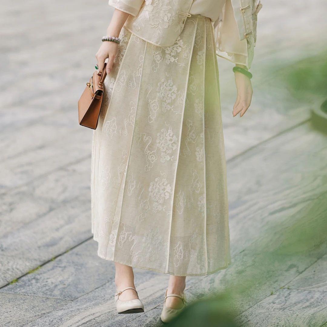 西子/【露华浓】亚麻桑蚕丝新中式祥云纹提花改良马面裙/BQBH1497