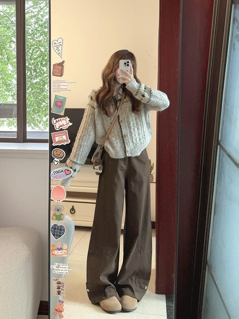 【豆乳椰椰】美拉德风拼接针织毛衣开衫上衣慵懒复古棕色牛仔裤套装