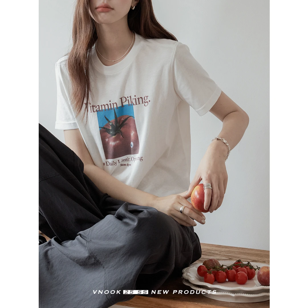 vnook图案印花高腰短款T恤女夏季2025新款休闲圆领正肩微宽松上衣
