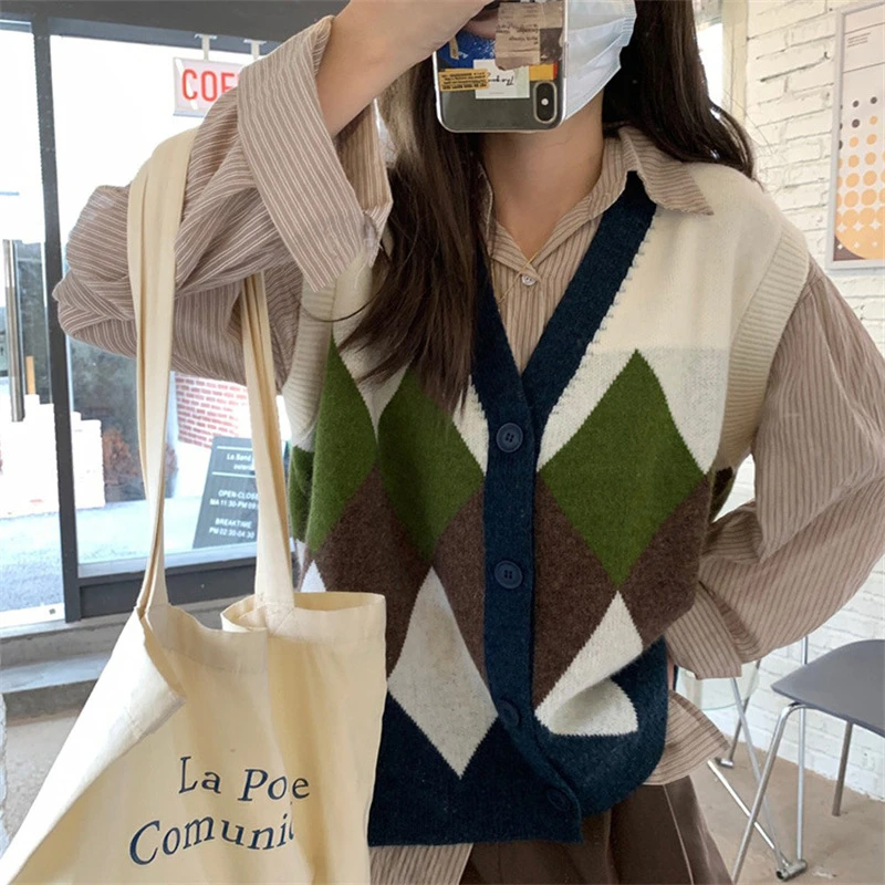 拼色菱格针织马甲女2025秋季新款韩版慵懒风宽松百搭显瘦外穿背心