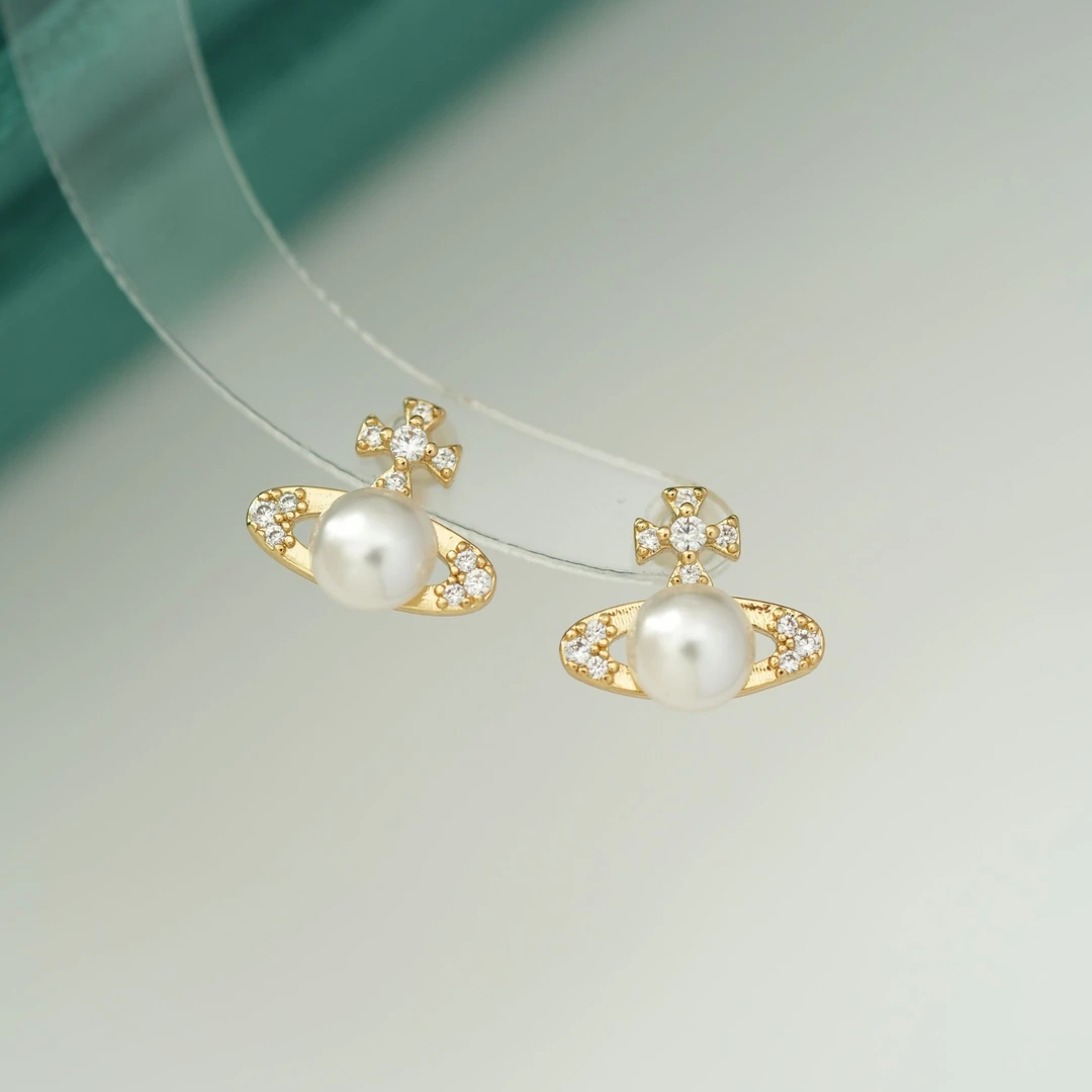 因缺斯汀饰品 铜合金仿珍珠耳饰 【小土星】金色土星珠珠耳钉小众