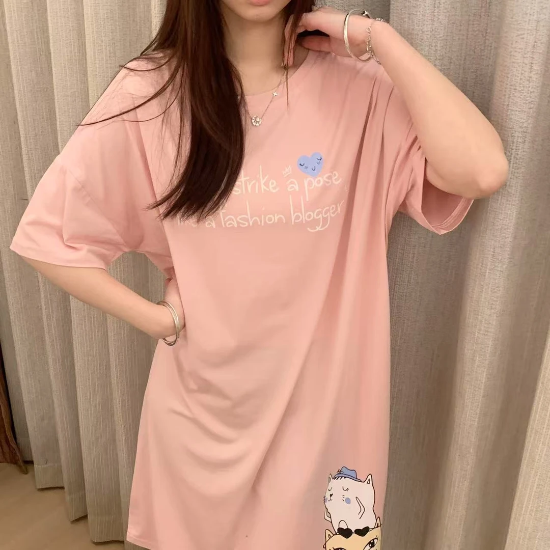 “90棉”粉色字母卡通图案睡裙#2294