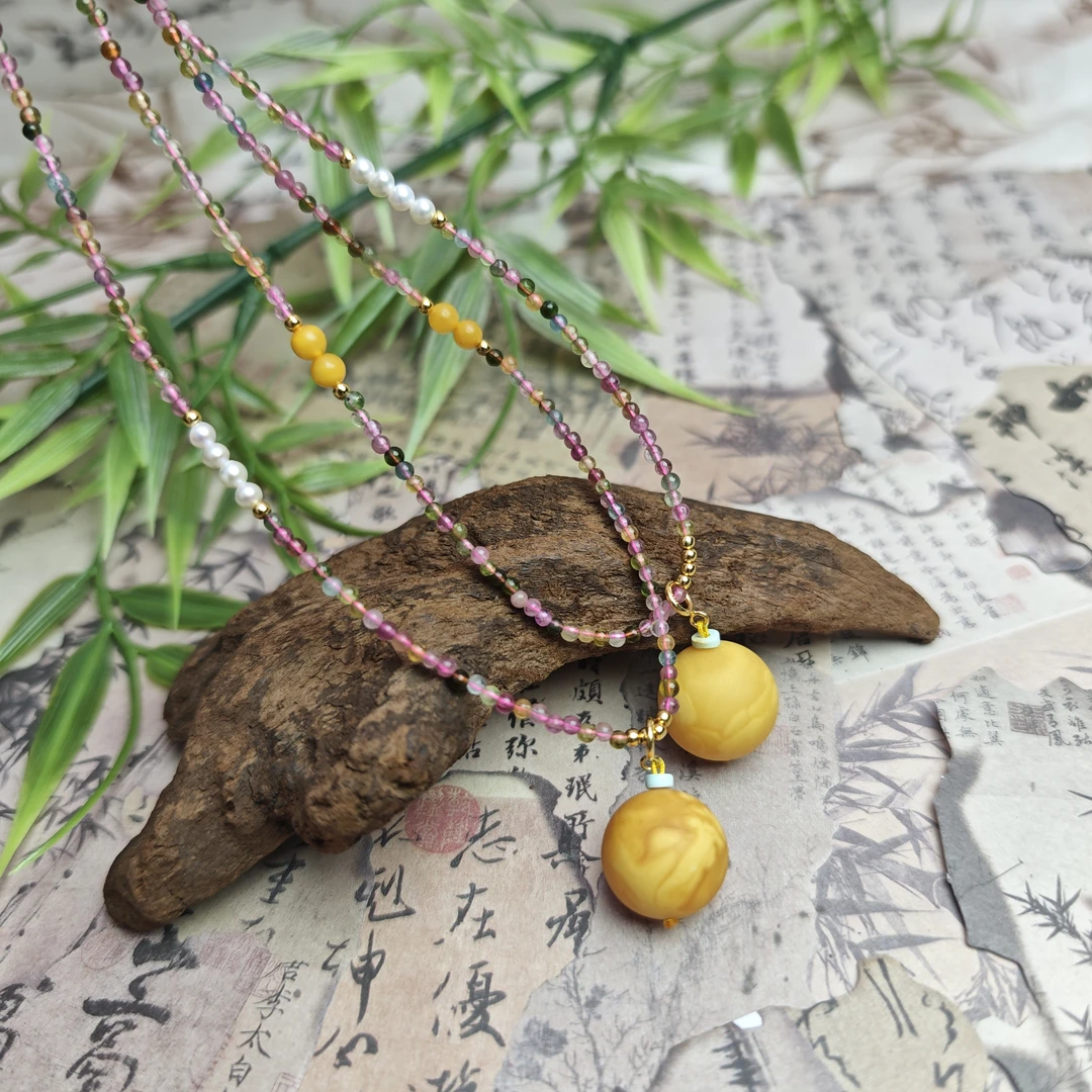 【蜜语】石膏橘皮蜜蜡圆珠吊坠 碧玺配链锁骨链（多样性发其一）