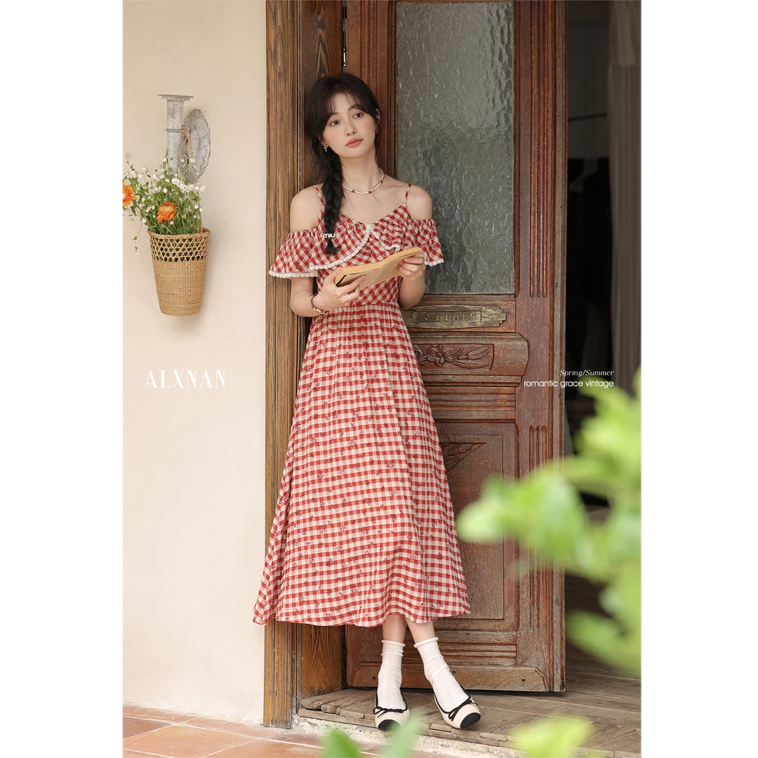 鹿向南「花海漫步」法式复古露肩吊带连衣裙女款裙子L53588