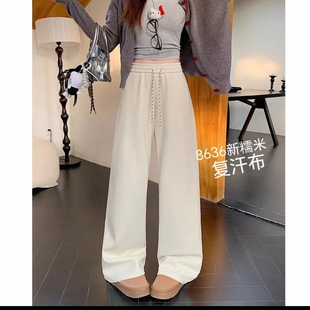 秋款复古抽绳糯米绒磨毛阔腿女裤口袋款直筒裤8636