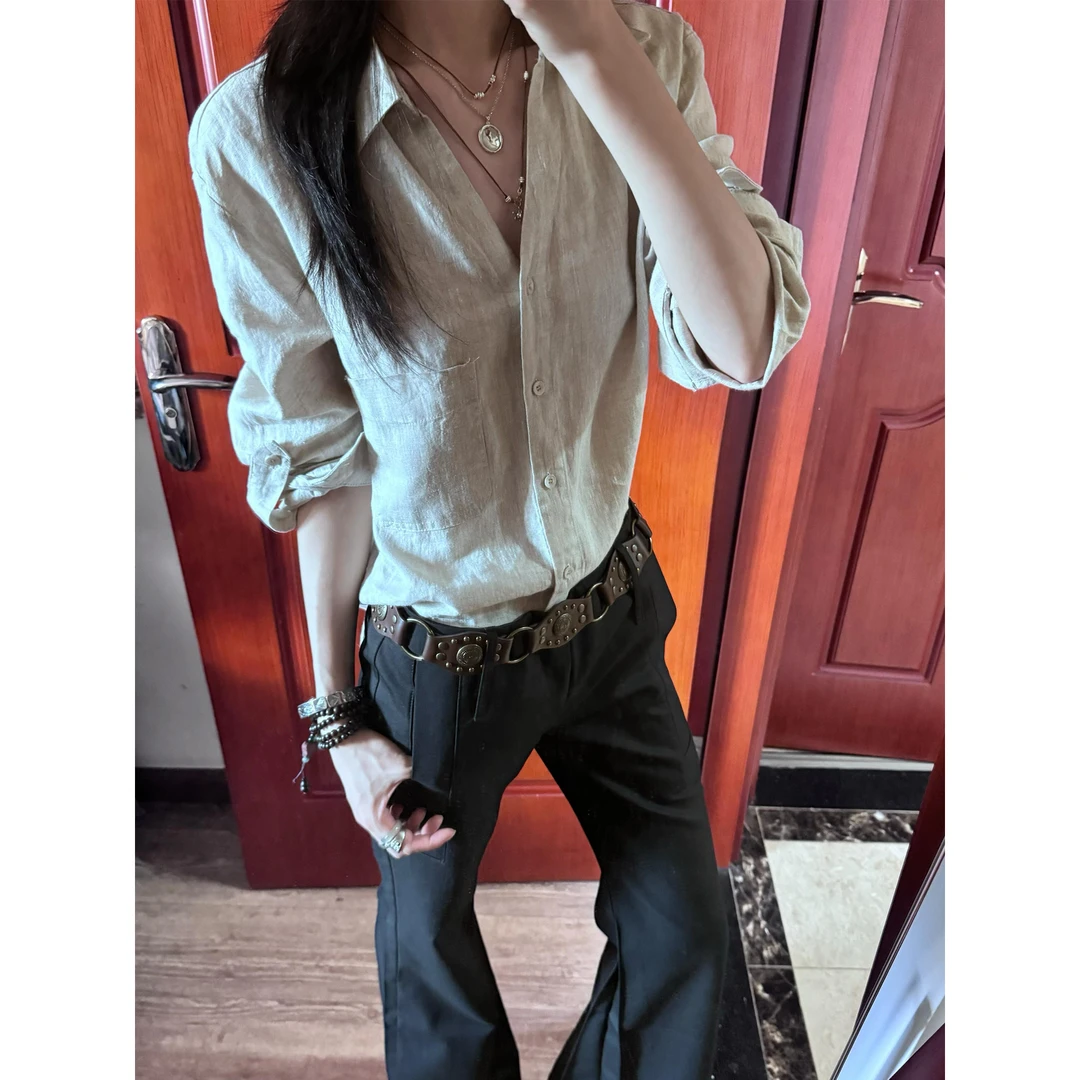 文艺复古慵懒风亚麻衬衫女早秋季设计感V领老钱风原麻色棉麻衬衣