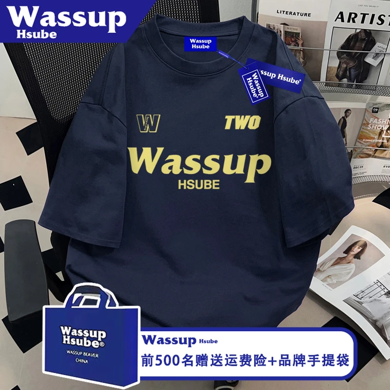 WASSUP HSUBE时尚字母印花ins夏季短袖男女藏青色美式T恤纯棉上衣