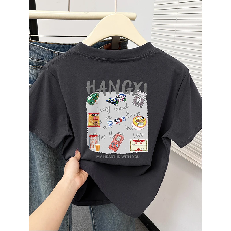 深灰色正肩圆领短袖T恤女2025年新款设计感时尚前后印花显瘦上衣