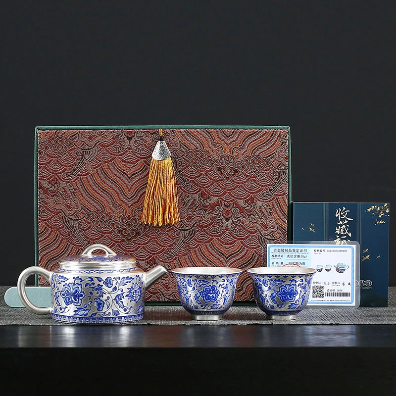 青花缠枝莲鎏银茶具套装送长辈领导生日礼物乔迁新居高档伴手礼
