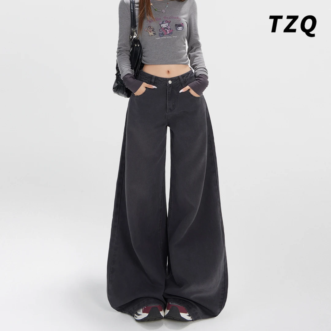 灰色阔腿牛仔裤女爆款2025秋季松弛慵懒感高腰宽松垂感拖地牛仔裤