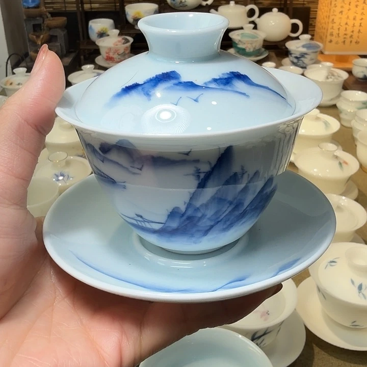 微瑕老物件影青系列三才盖碗山水