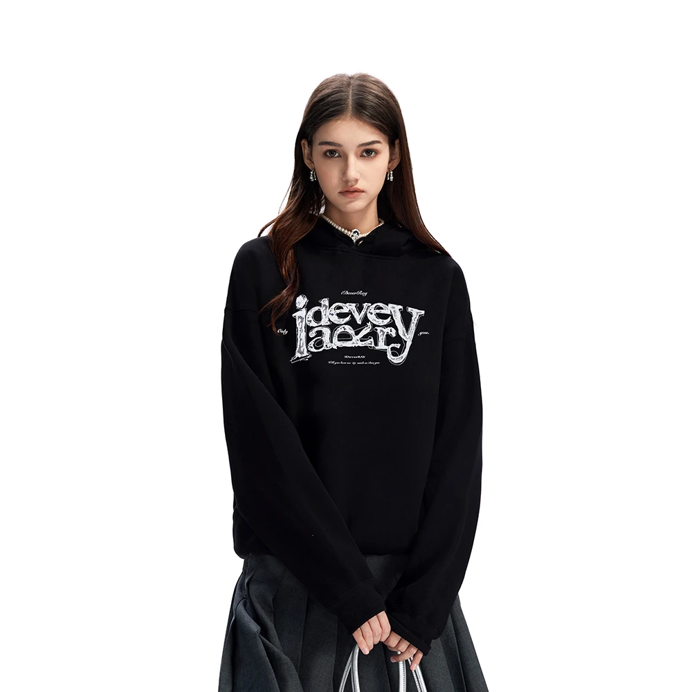 IDeverRAY【欧若风】蕾丝logo连帽卫衣男女秋冬加绒情侣帽衫上衣