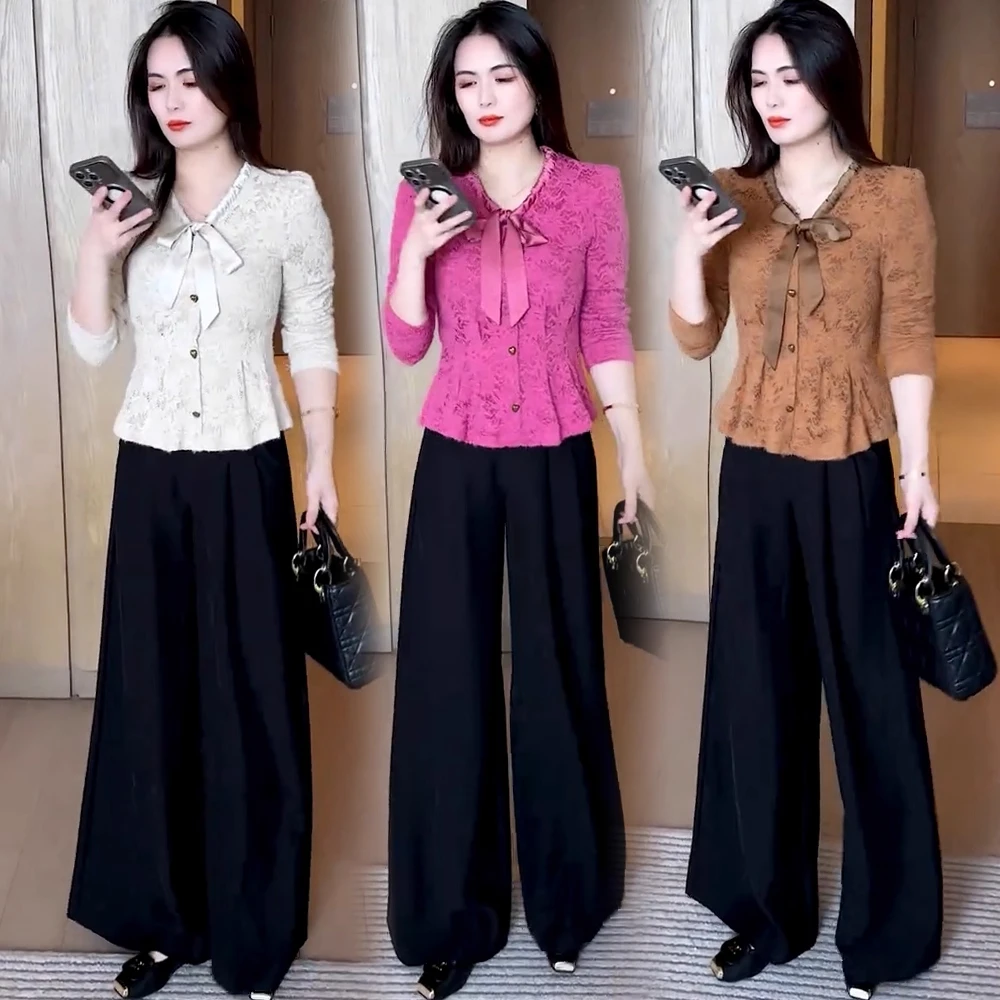 时尚磨毛蕾丝衬衫女2025秋季新款洋气收腰显瘦百搭蝴蝶结系带上衣