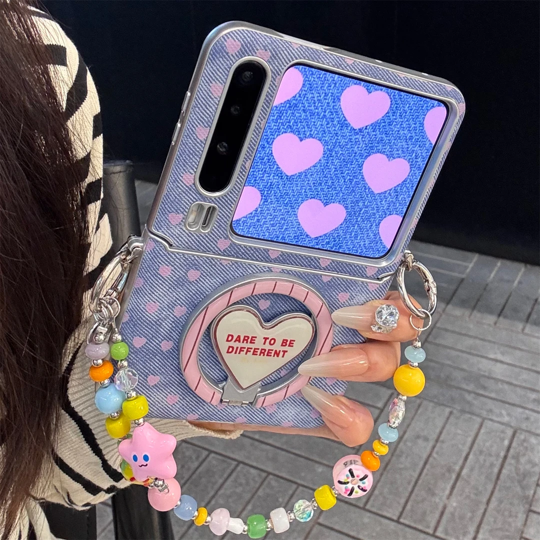 适用华为purax折叠屏手机壳蓝色牛仔纹pocket2爱心折叠磁吸支架女