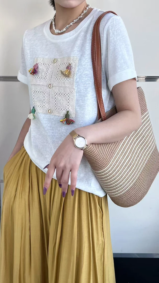 【25946】丰#设计感蕾丝时尚圆领宽松上衣