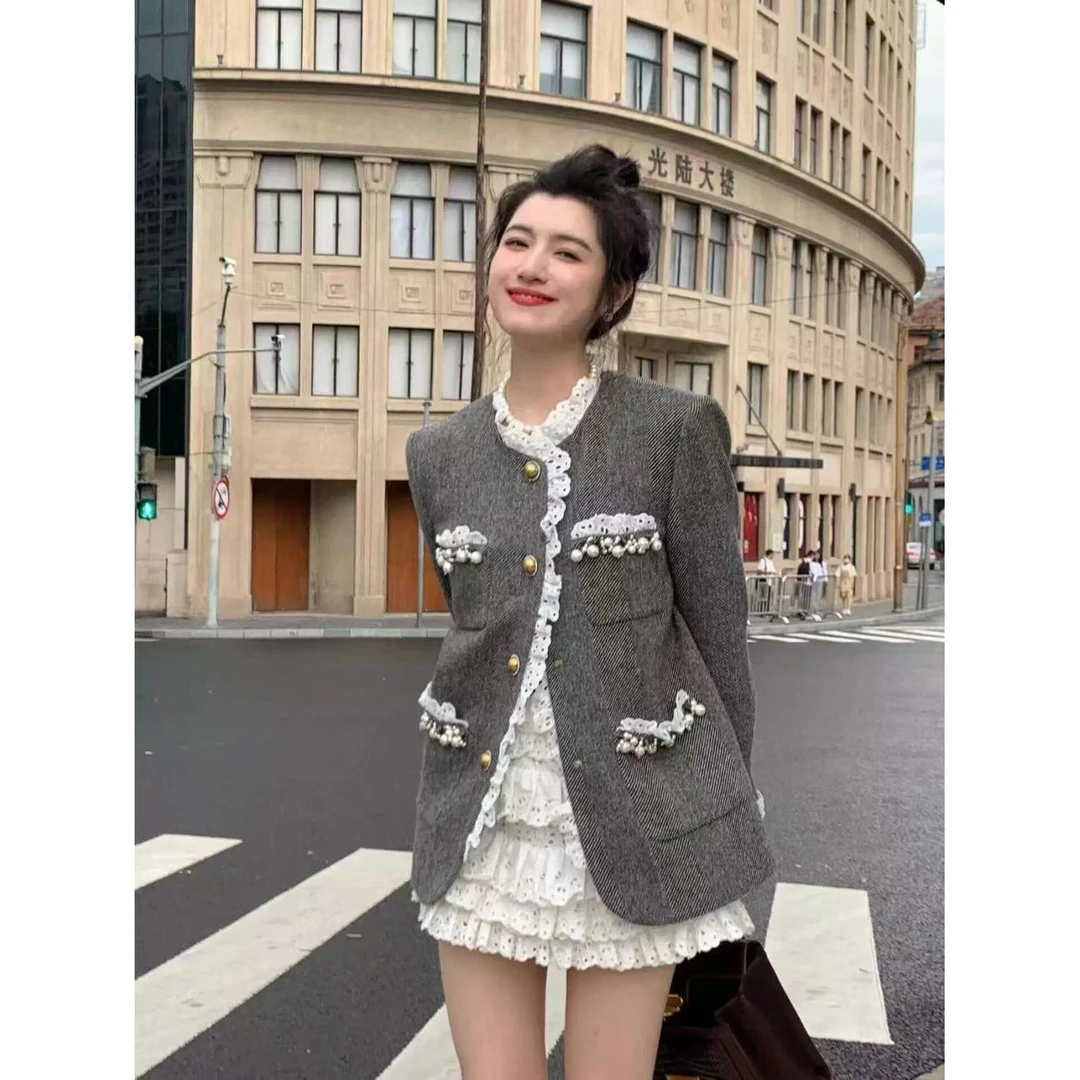 小香风外套2024新款高级设计感重工钉珠加厚气质中长款西服外套