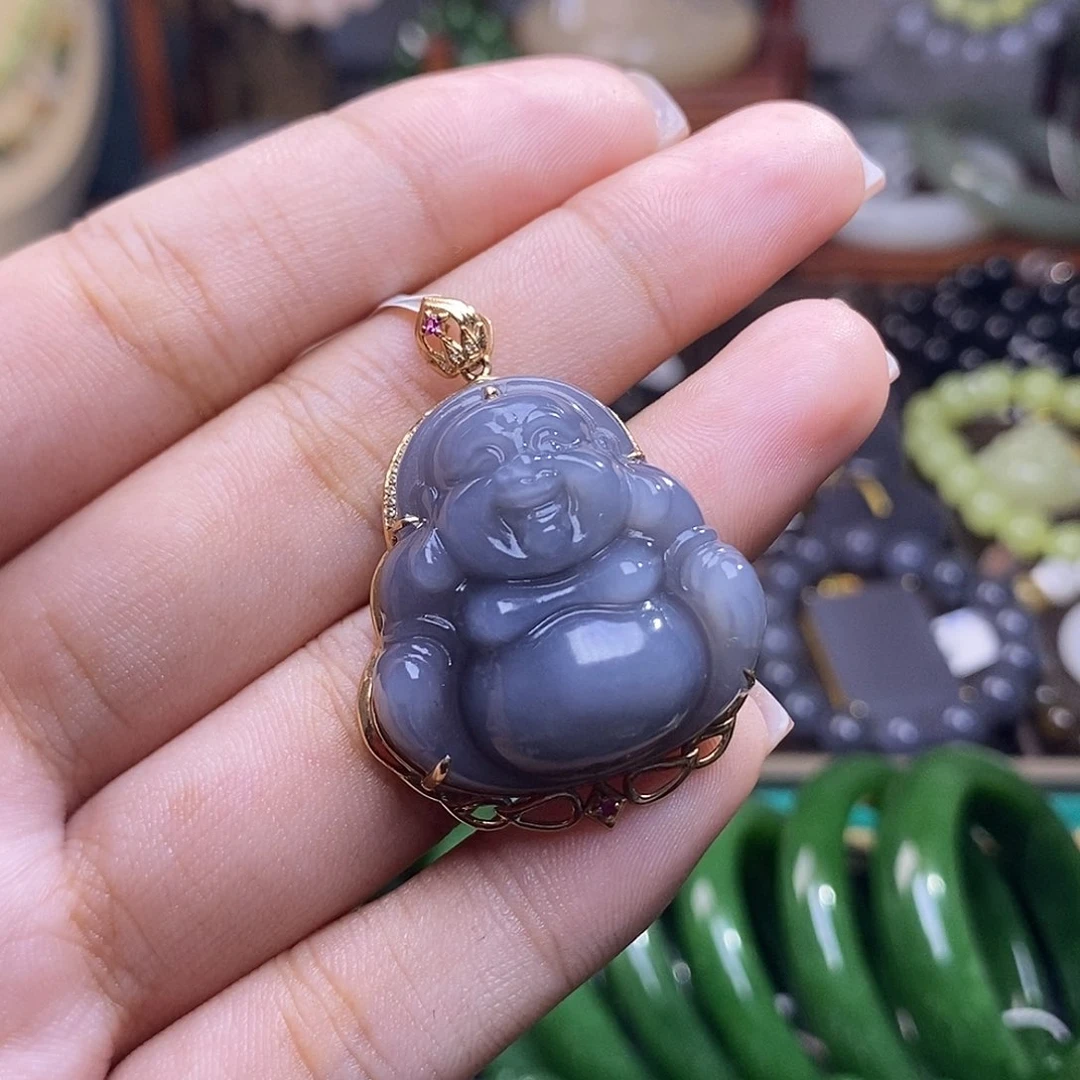 和田玉浓烟紫金镶佛公未镶嵌?*