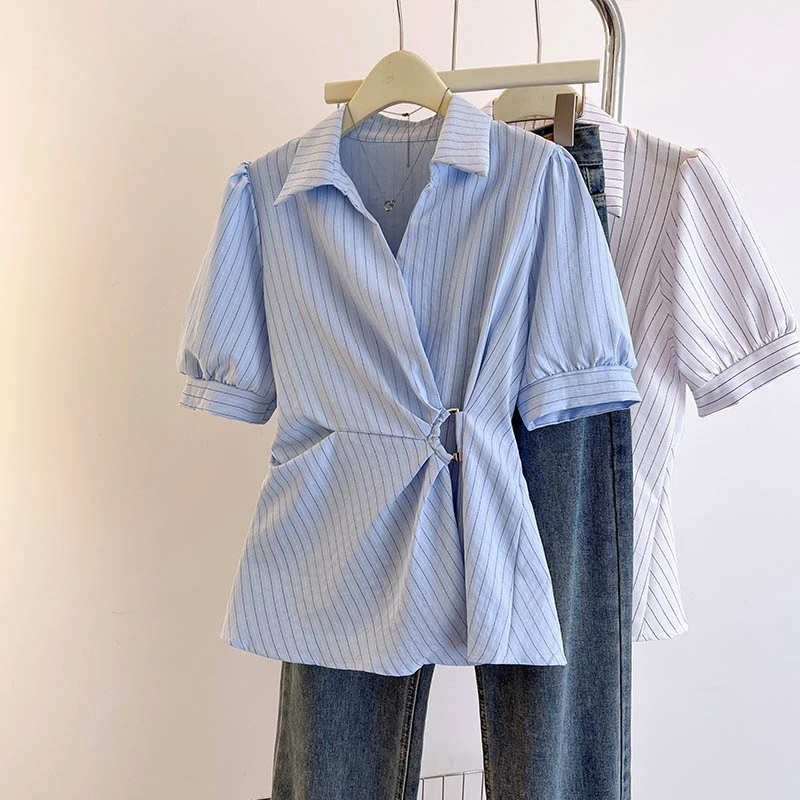 法式掐腰显瘦短袖衬衫女夏季大码胖MM不规则气质减龄显瘦别致上衣