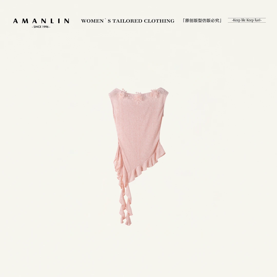 AMANLIN/阿谩琳欧若风体花朵拼接挂脖系带短袖上衣H598864