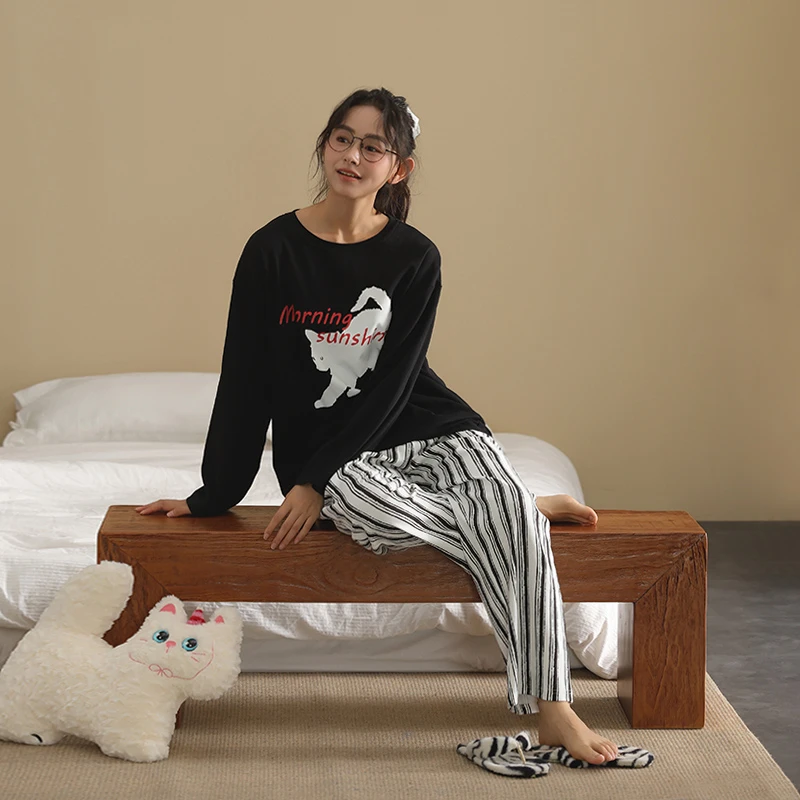 【美家臣】睡衣女款2025新款针织棉长袖长裤家居服春秋可爱卡通猫