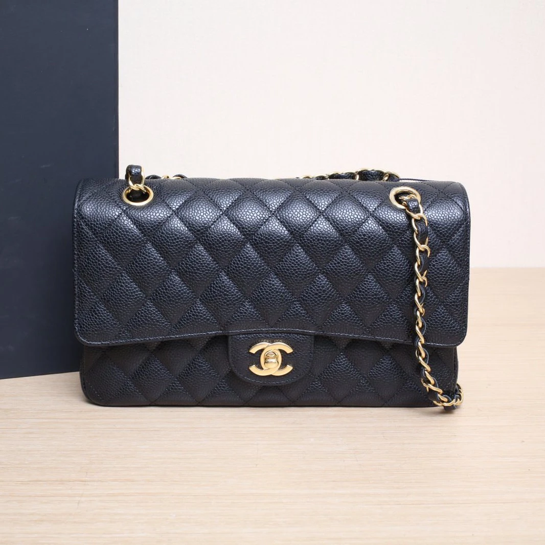 99新 Chanel/香奈儿 花花 CF 口盖包 中号 黑色 荔枝皮革C 31开